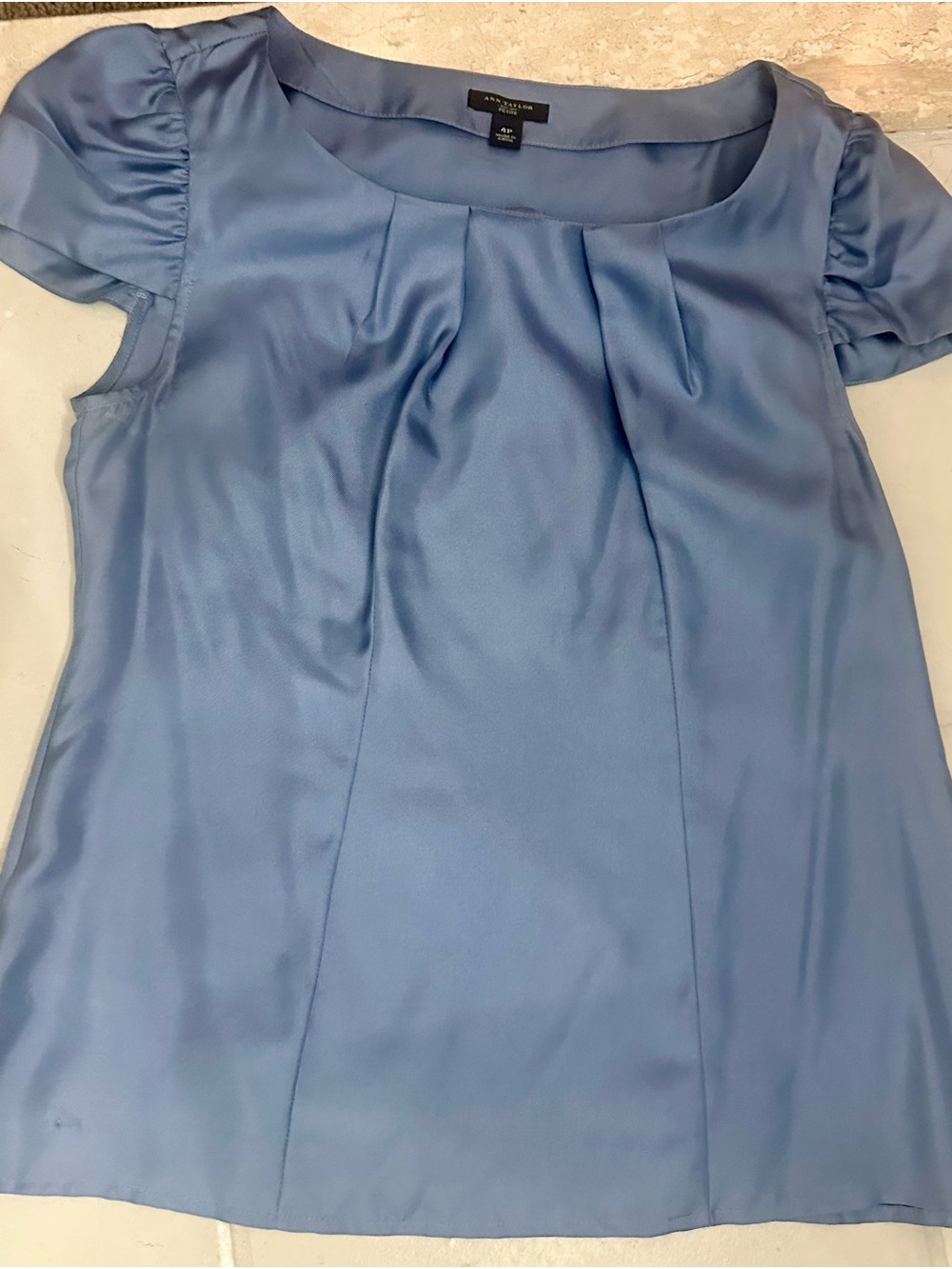 Ann Taylor Sky Blue Pleated Short Sleeve Blouse